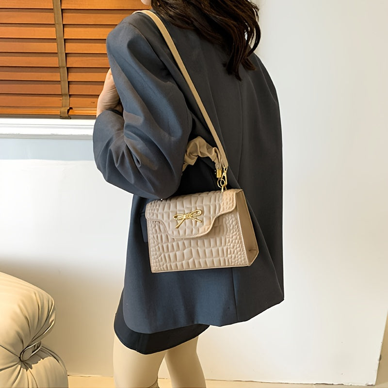 Vibrant Retro Crocodile Pattern Chic Shoulder Bag - Compact, Versatile, Fashionable, Everyday Wear with Bowknot Detail, Casual Street Style, and Chic Design - Perfect for Women's Daily Use